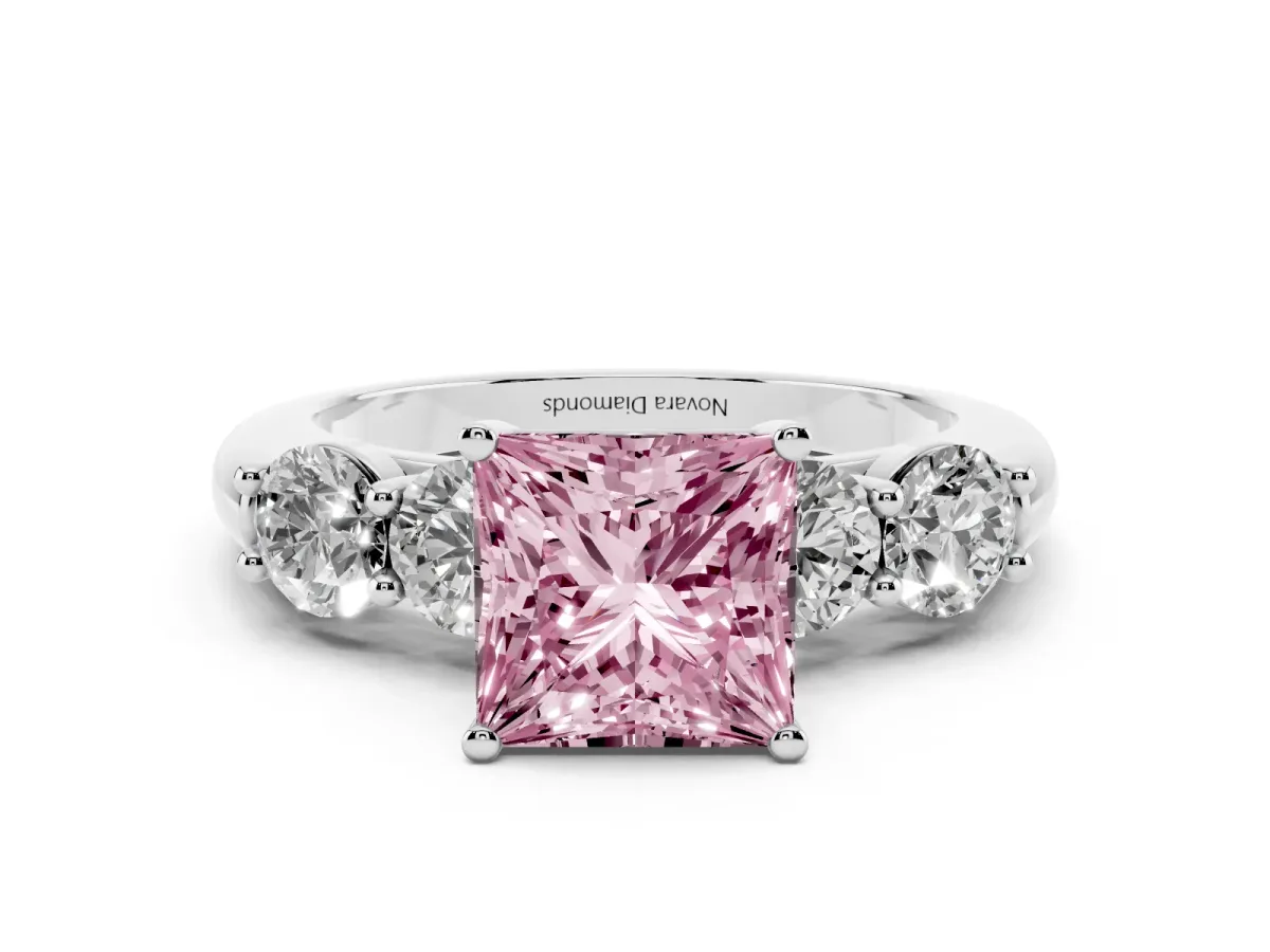 Fancy Pink Princess Cut Diamond Five-Stone Prong Set Ring Set in White gold with Classic Band