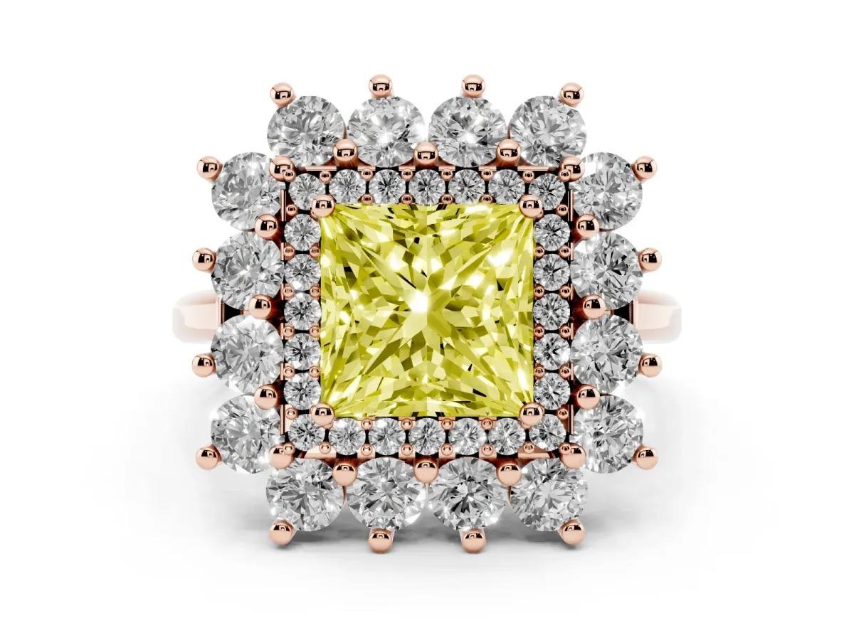 Fancy Yellow Princess Cut Diamond Floral Double Halo Ring Set in Rose gold with Round Petals
