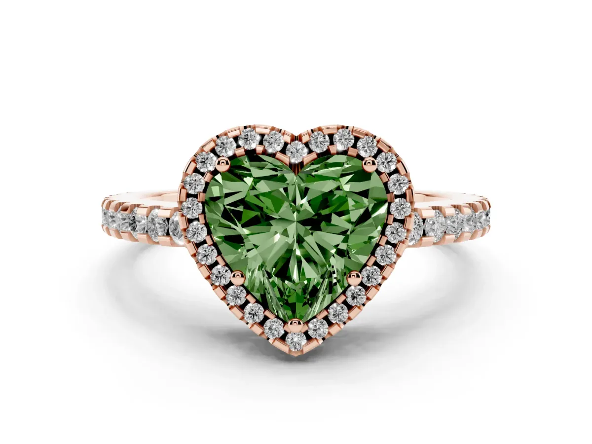 Fancy Green Heart Cut Diamond Halo Ring Set in Rose gold with Pavé Shoulders and Halo-Framed Center