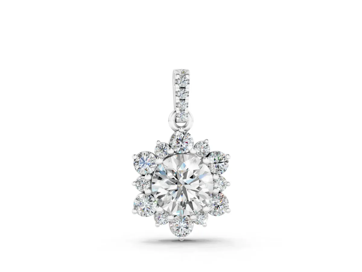 Round Brilliant Cluster Diamond Pendant Set in Silver with Floral Prong Setting