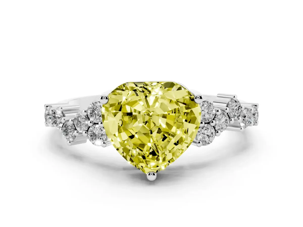 Fancy Yellow Heart Cut Diamond Ring Set in Platinum with Scattered Round Accents