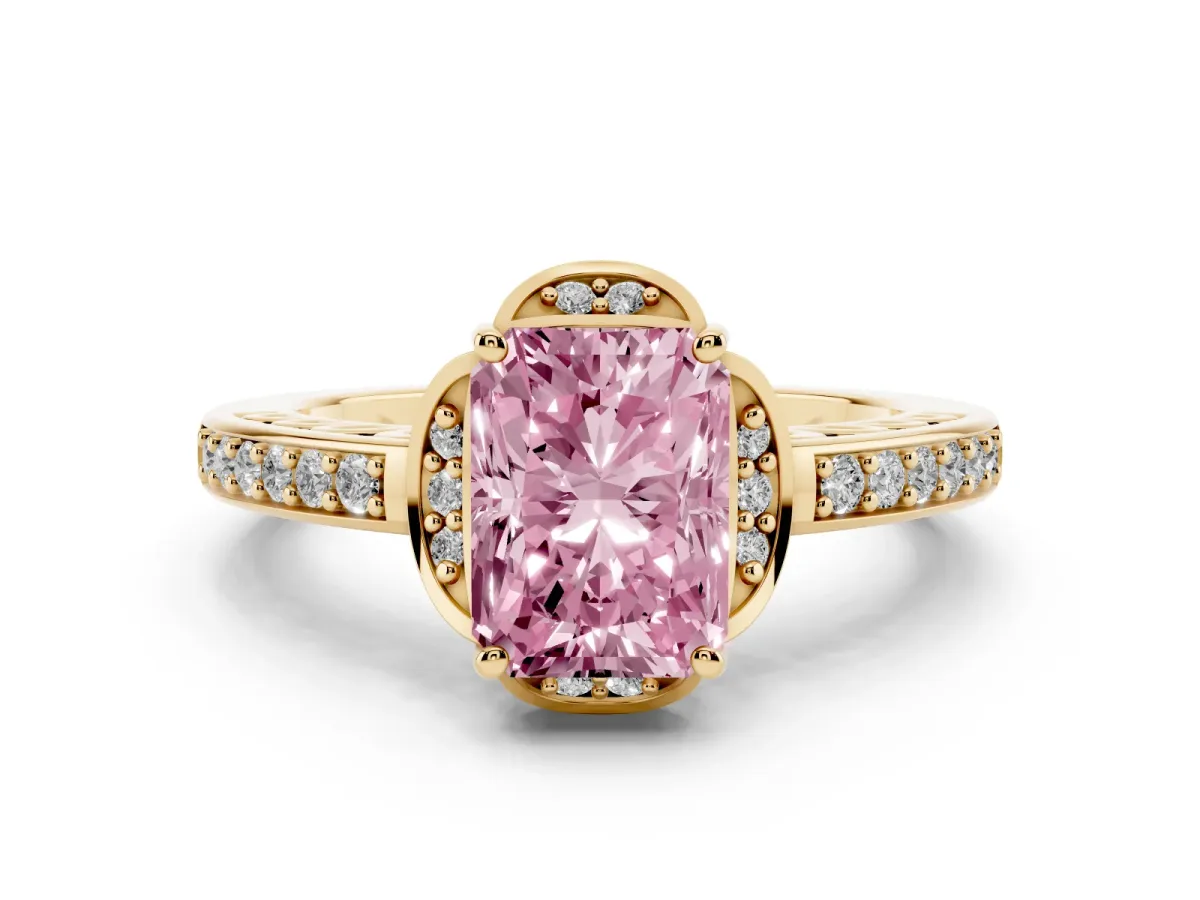 Fancy Pink Radiant Cut Diamond Halo Ring Set in Yellow gold with Channel Set Band and Prong Setting