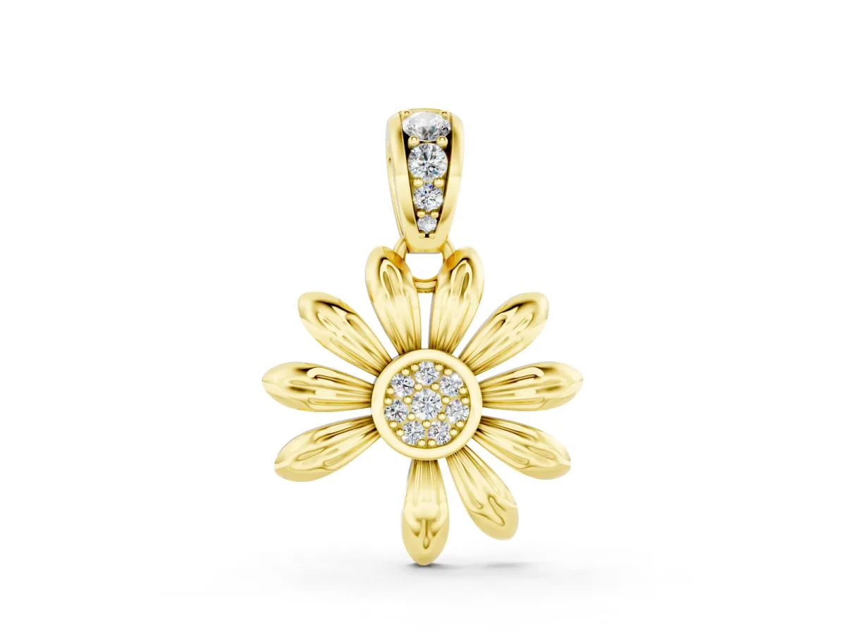 Round Diamond Daisy Flower Pendant Set in Yellow gold with Pavé Petal Accents
