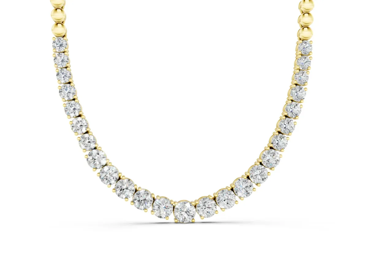 Round Diamond Tennis Necklace Set in Yellow gold with Prong Setting and Bead Chain