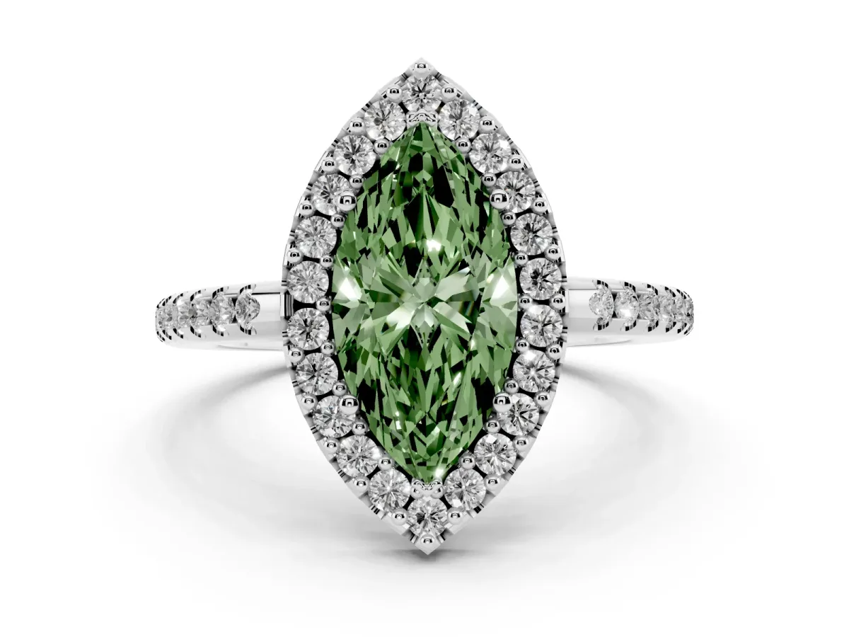 Fancy Green Marquise Cut Diamond Pavé Halo Ring Set in White gold with Prong Setting
