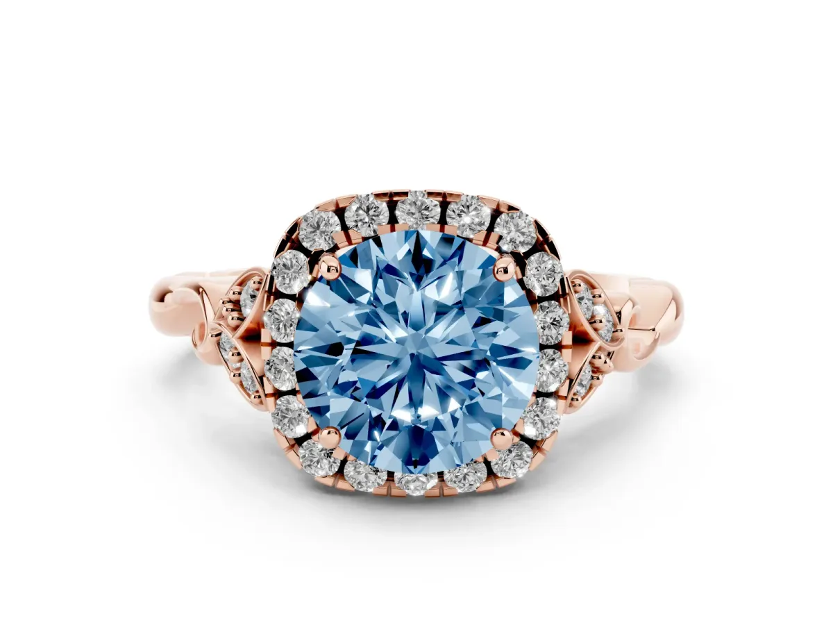 Fancy Blue Round Cut Diamond Halo Engagement Ring Set in Rose gold with Vintage-Inspired Band and Prong Setting