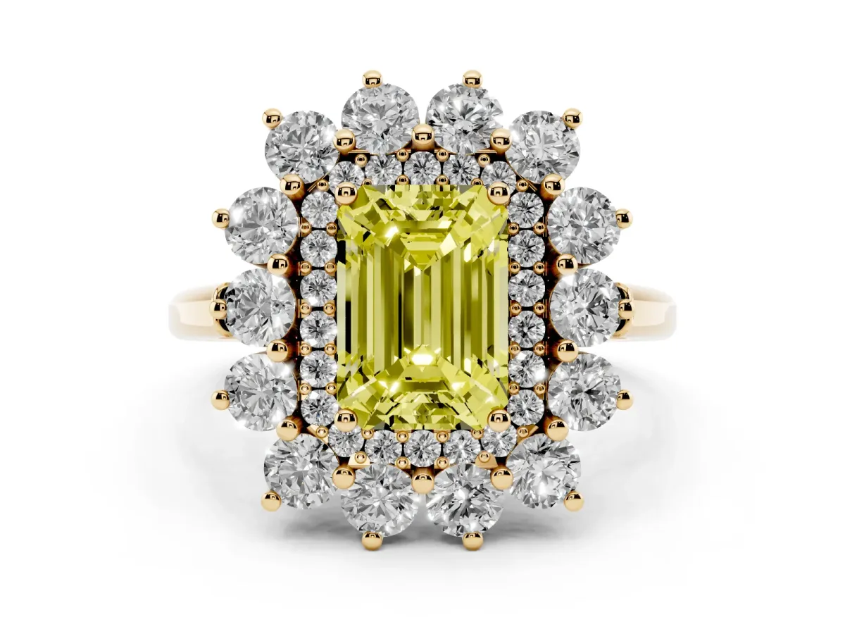 Fancy Yellow Emerald Cut Diamond Floral Double Halo Ring Set in Yellow gold with Round Petals