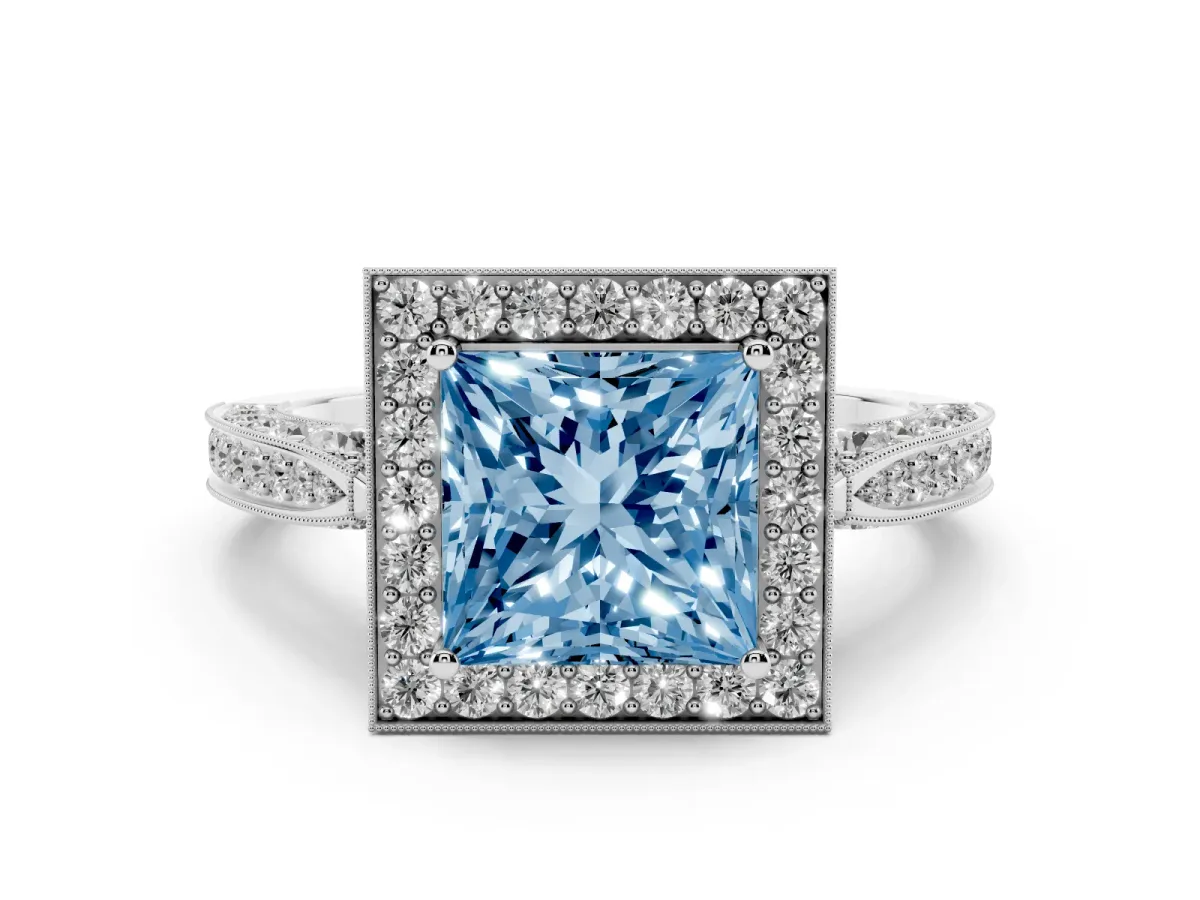 Fancy Blue Princess Cut Diamond Halo Engagement Ring Set in Silver with Accent Split Shank Band