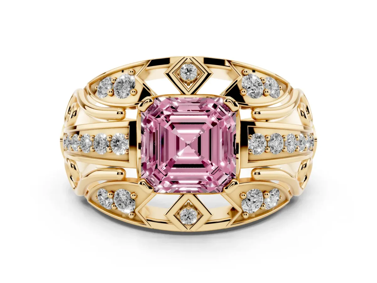 Fancy Pink Asscher Cut Diamond Art Deco Ring Set in Yellow gold with Pavé Split Shank