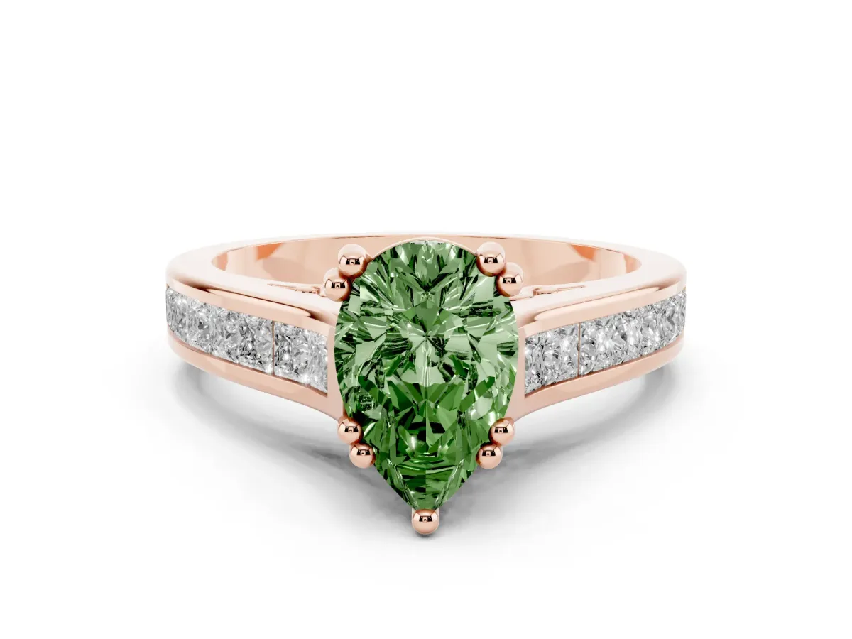 Fancy Green Pear Cut Diamond Channel Set Solitaire Engagement Ring Set in Rose gold with Prong Setting