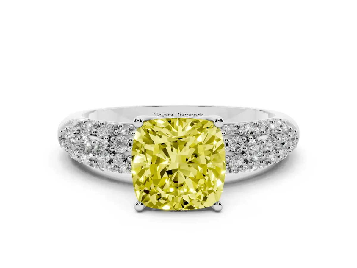 Fancy Yellow Cushion Cut Diamond Pavé Band Solitaire Ring Set in Silver with Close-Set Accent Stones and Prong Setting