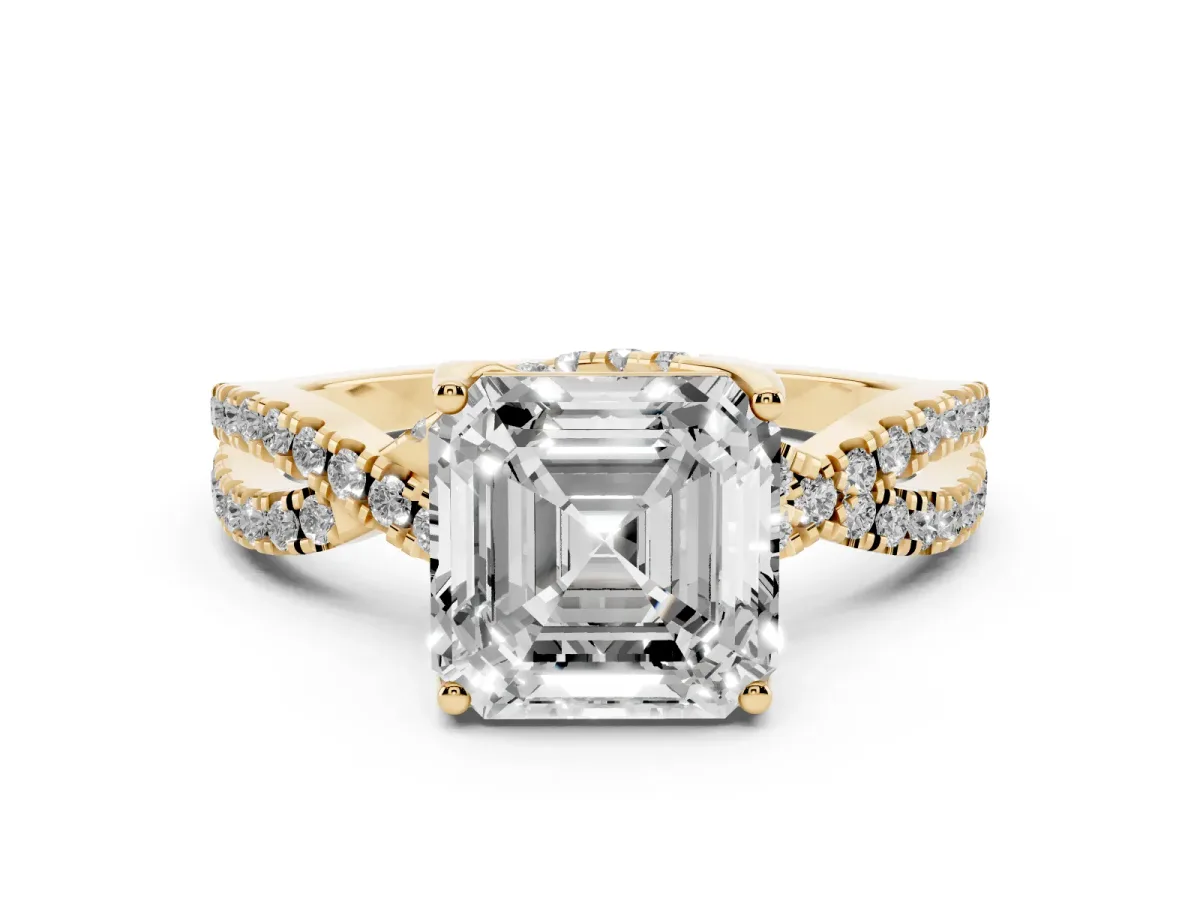 Asscher Cut Diamond Twist Pavé Solitaire Engagement Ring Set in Yellow gold with Prong Setting
