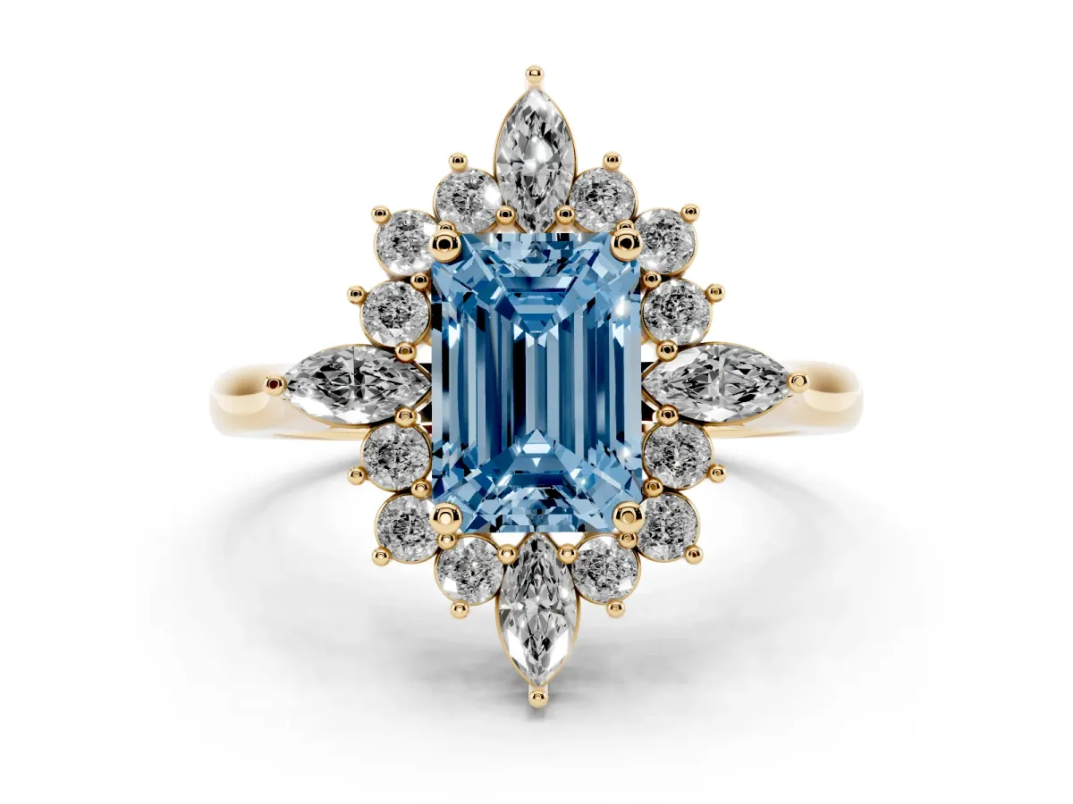 Fancy Blue Emerald Cut Diamond Cluster Halo Ring Set in Yellow gold with Marquise and Round Accents