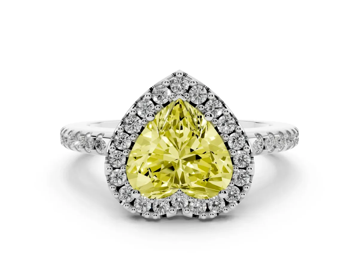 Fancy Yellow Heart Cut Diamond Pavé Halo Ring Set in White gold with Prong Setting