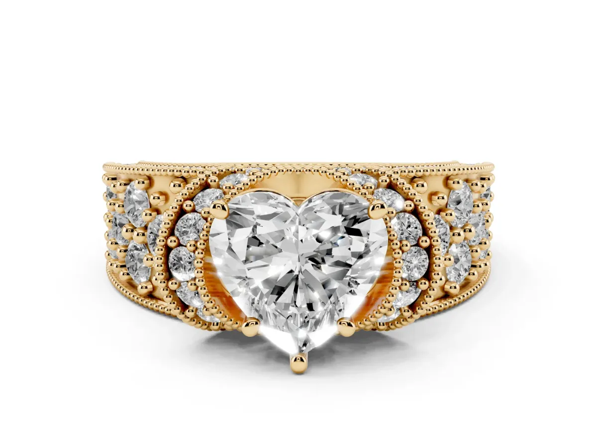 Heart Cut Diamond Milgrain Halo Pavé Engagement Ring Set in Yellow gold with Prong Setting