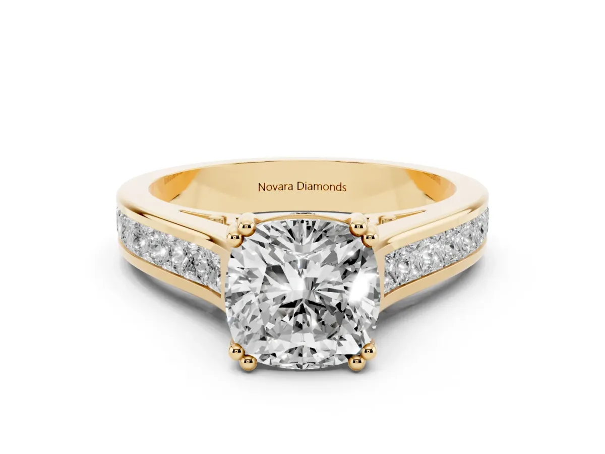 Cushion Cut Diamond Channel Set Solitaire Engagement Ring Set in Yellow gold with Prong Setting