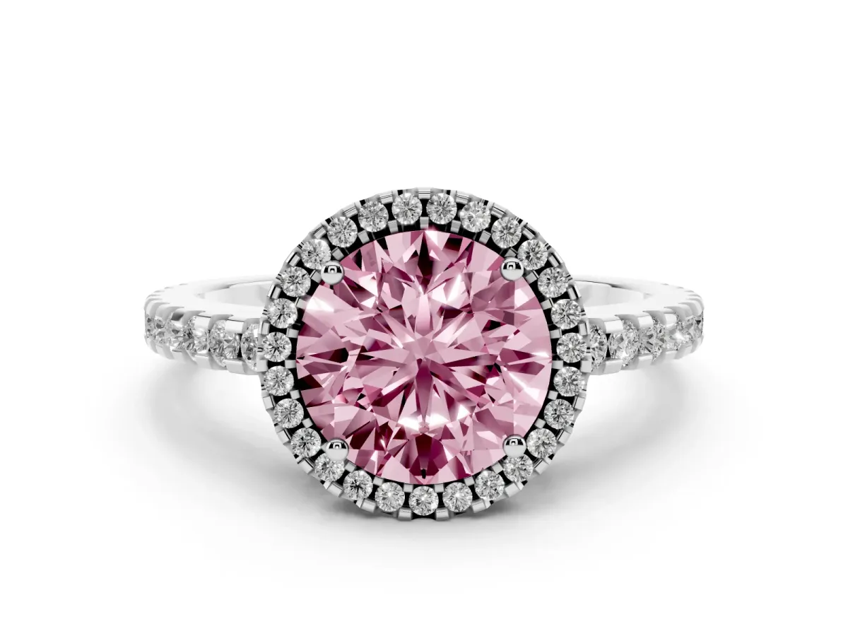 Fancy Pink Round Cut Diamond Halo Ring Set in Silver with Pavé Shoulders and Halo-Framed Center