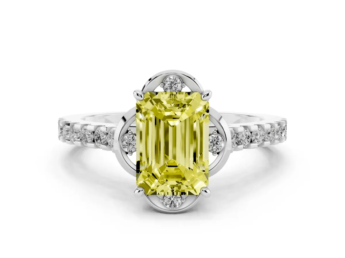 Fancy Yellow Emerald Cut Diamond Solitaire Ring Set in Silver with Pavé Band and Floral Prong Setting