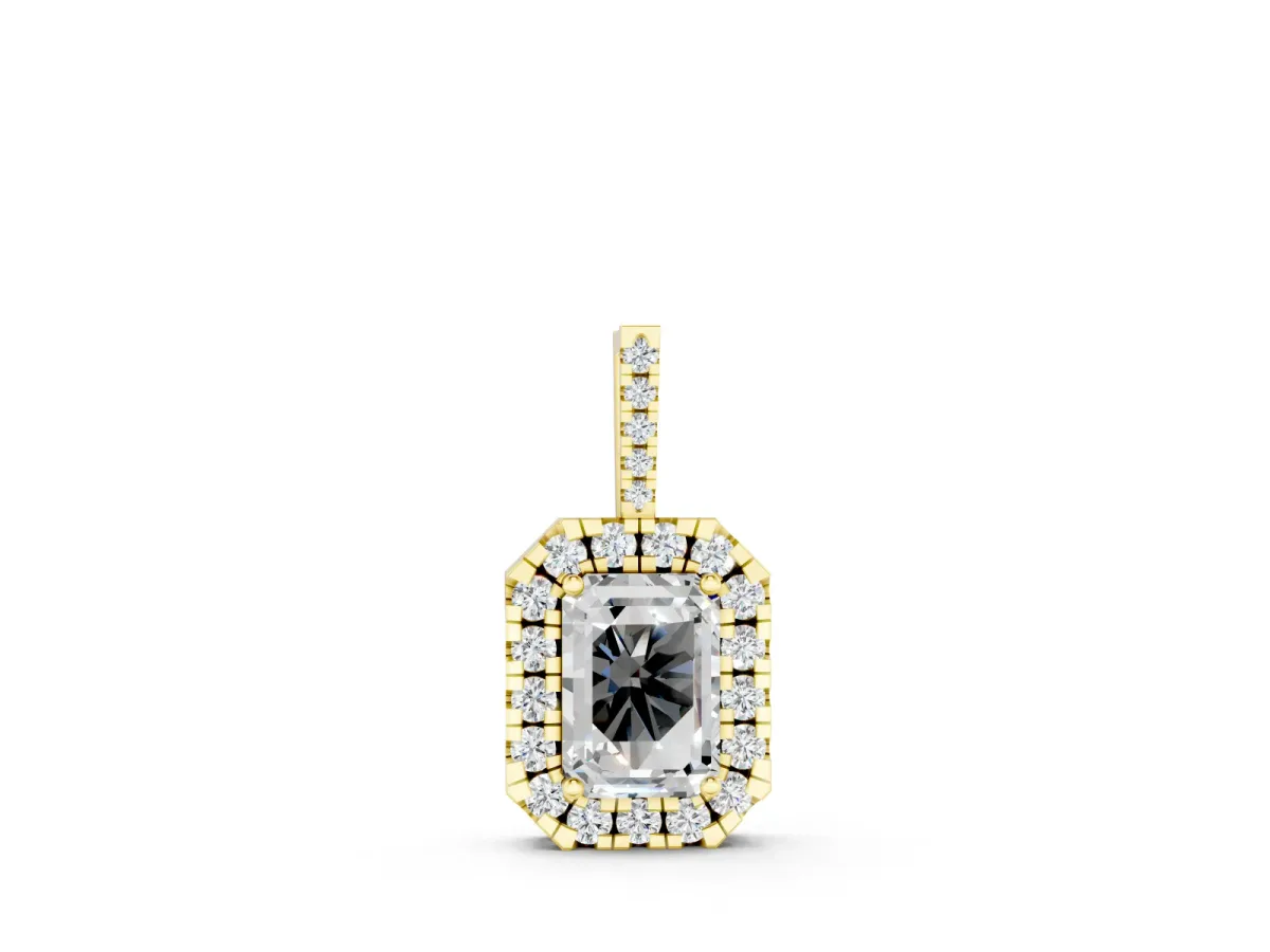 Emerald Cut Diamond Halo Pendant Set in Yellow gold with Round Halo and Prong Setting