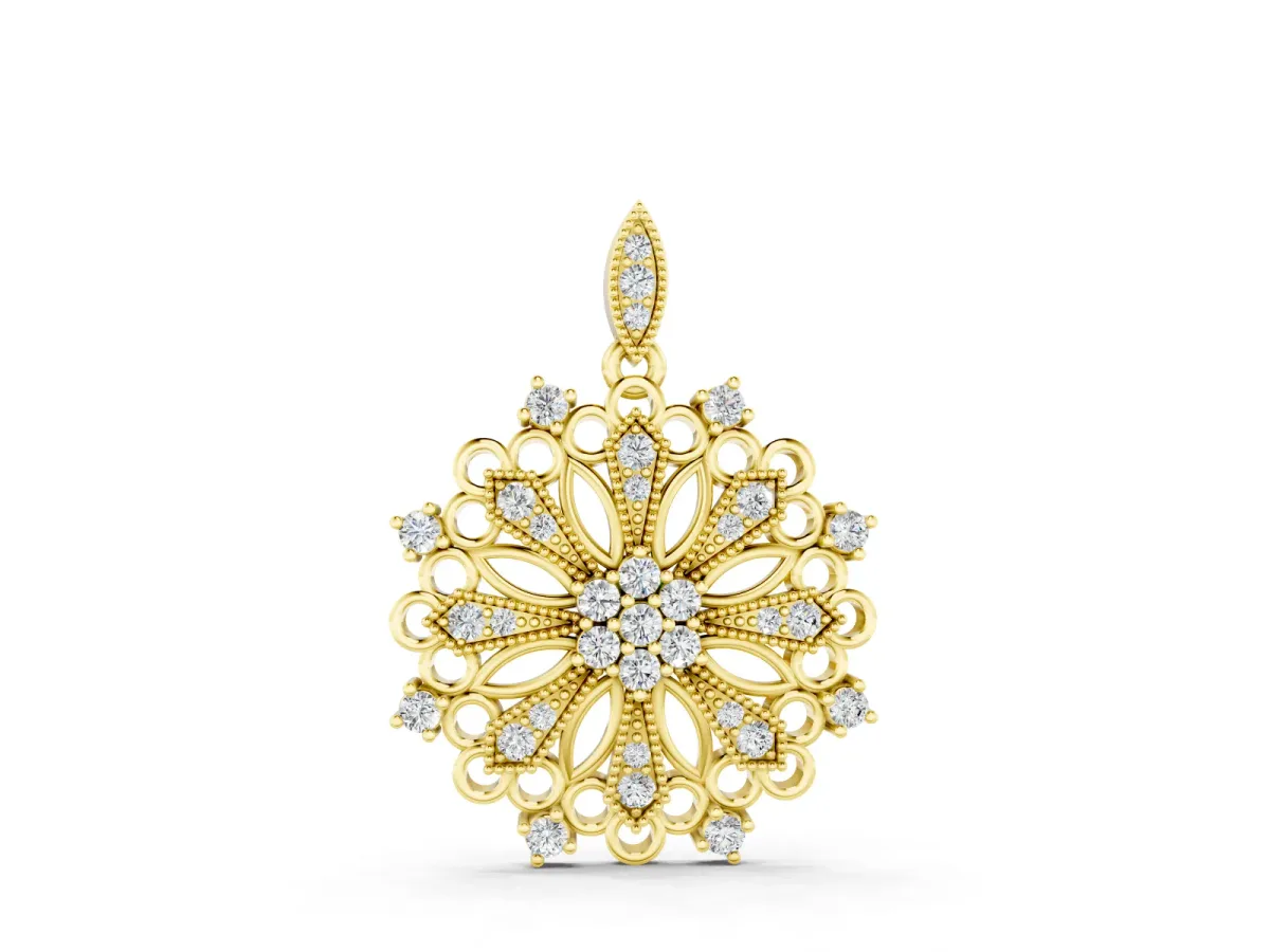 Round Diamond Cluster Pendant Set in Yellow gold with Milgrain Floral Frame