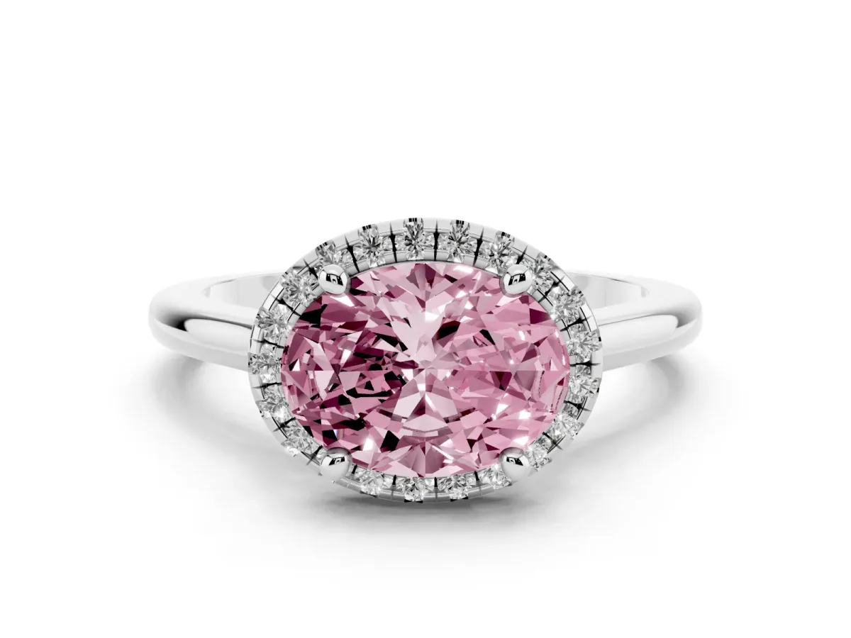 Fancy Pink Oval Cut Diamond Halo Engagement Ring Set in White gold with Pavé Band and Rising Shoulders