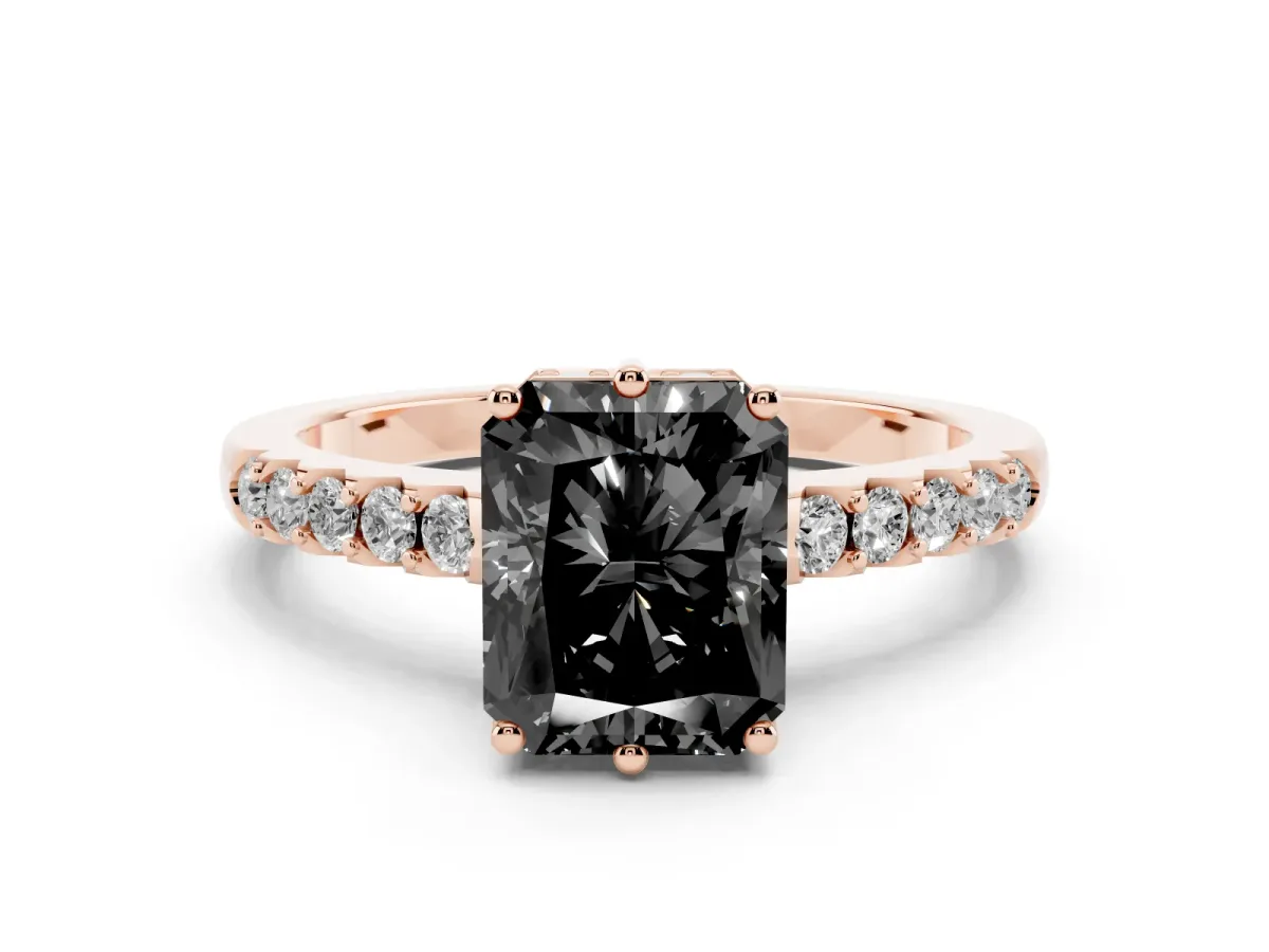 Fancy Black Radiant Cut Diamond Solitaire Engagement Ring Set in Rose gold with Pavé Band and Prong Setting