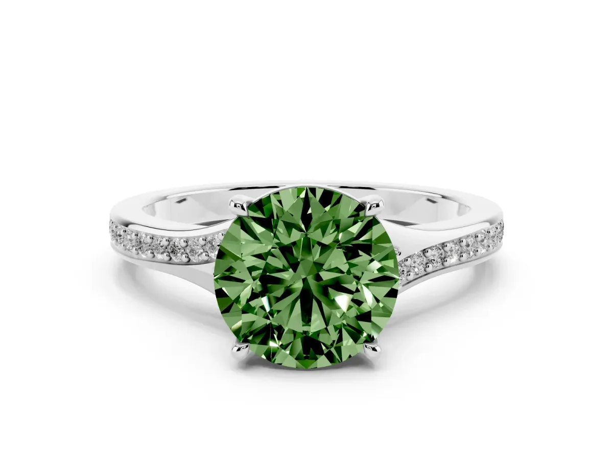 Fancy Green Round Cut Diamond Solitaire Ring Set in Silver with Pavé Accent Band and Classic Prong Setting
