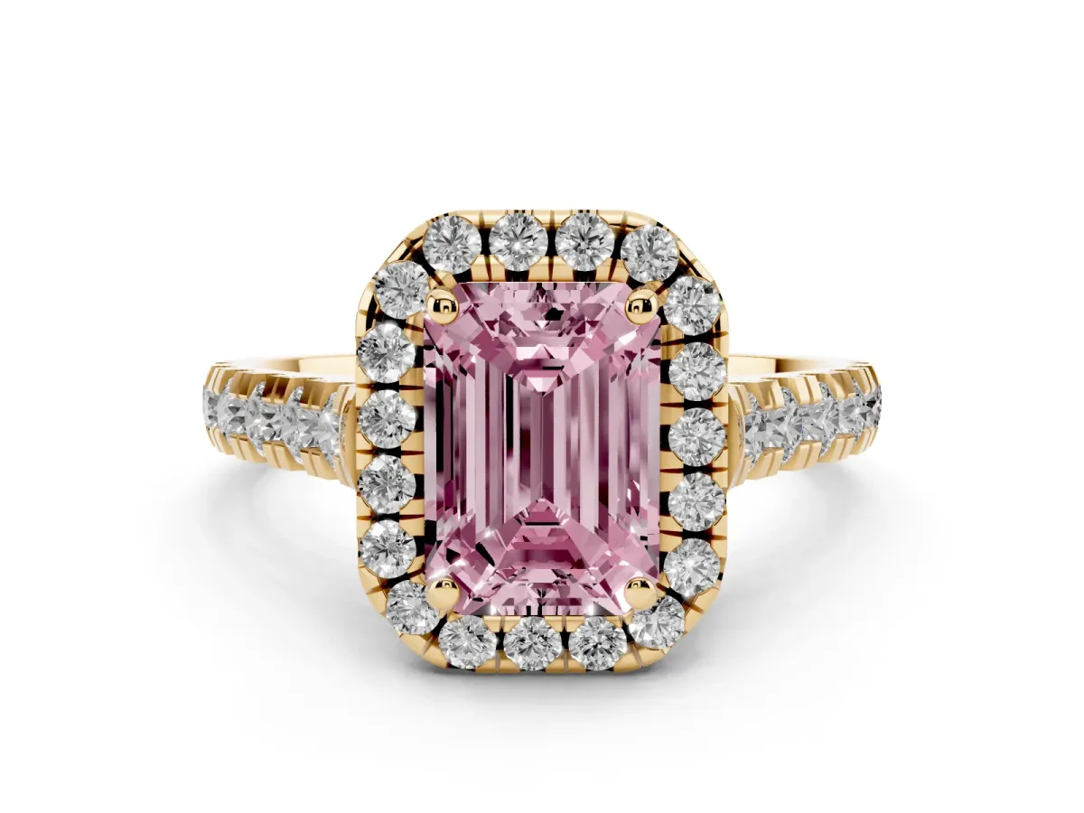 Fancy Pink Emerald Cut Diamond Halo Engagement Ring Set in Yellow gold with Pavé Band and Prong-Set Center