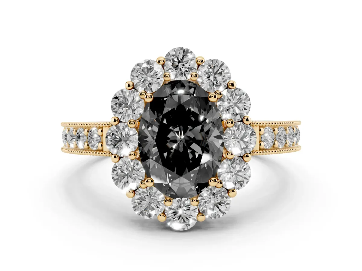 Fancy Black Oval Cut Diamond Halo Pavé Engagement Ring Set in Yellow gold with Milgrain Detailing