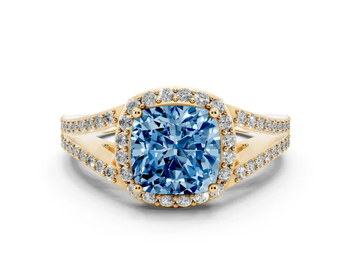 Fancy Blue Cushion Cut Diamond Halo Split Shank Pavé Ring Set in Yellow gold with Prong Setting