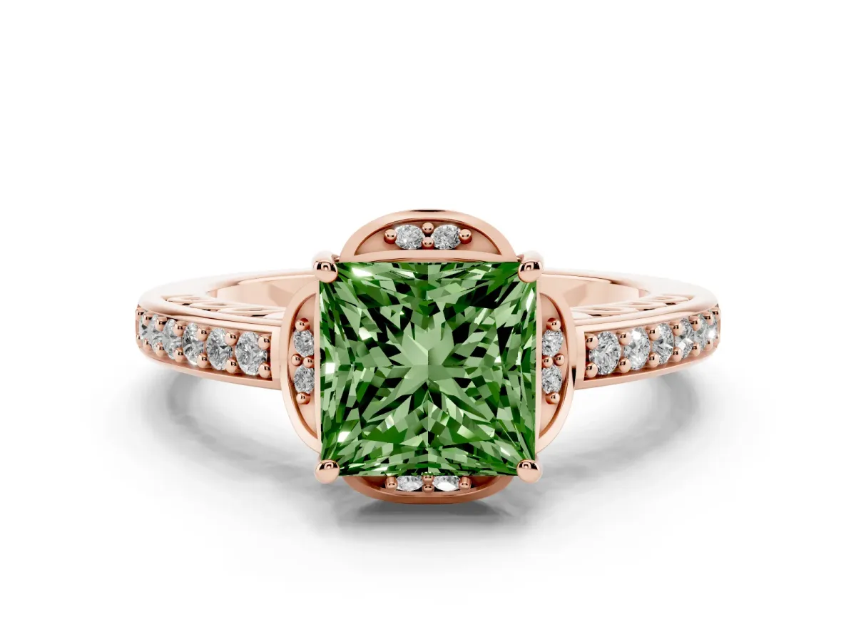 Fancy Green Princess Cut Diamond Halo Ring Set in Rose gold with Channel Set Band and Prong Setting