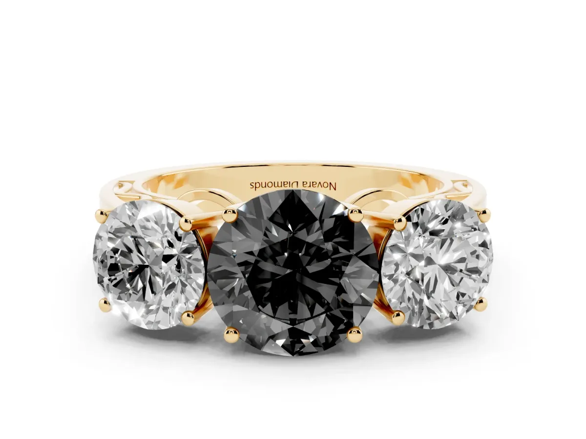 Fancy Black Round Cut Diamond Three-Stone Ring Set in Yellow gold with Textured Band