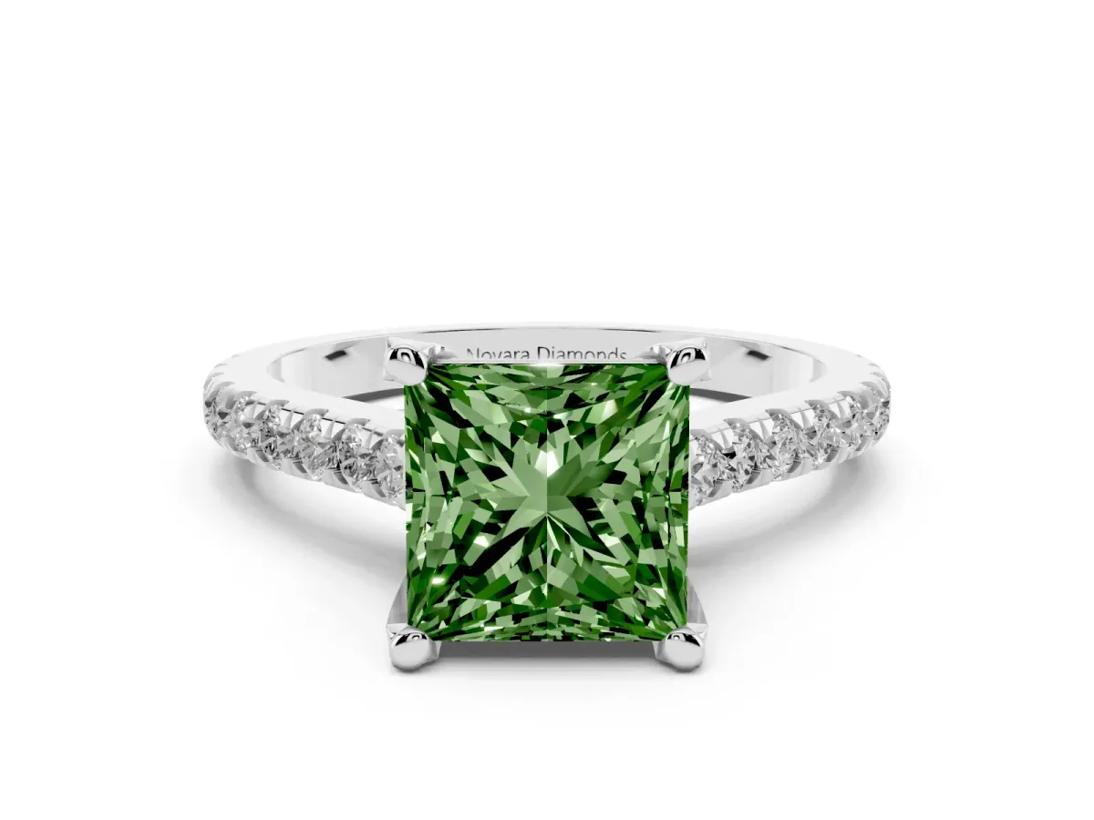 Fancy Green Princess Cut Diamond Solitaire Ring Set in Silver with Brilliant Pavé Band and Prong Setting