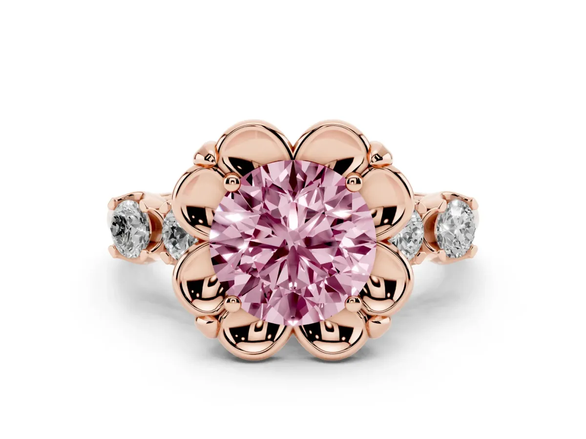 Fancy Pink Round Cut Diamond Floral Halo Ring Set in Rose gold with Shared Prong Band