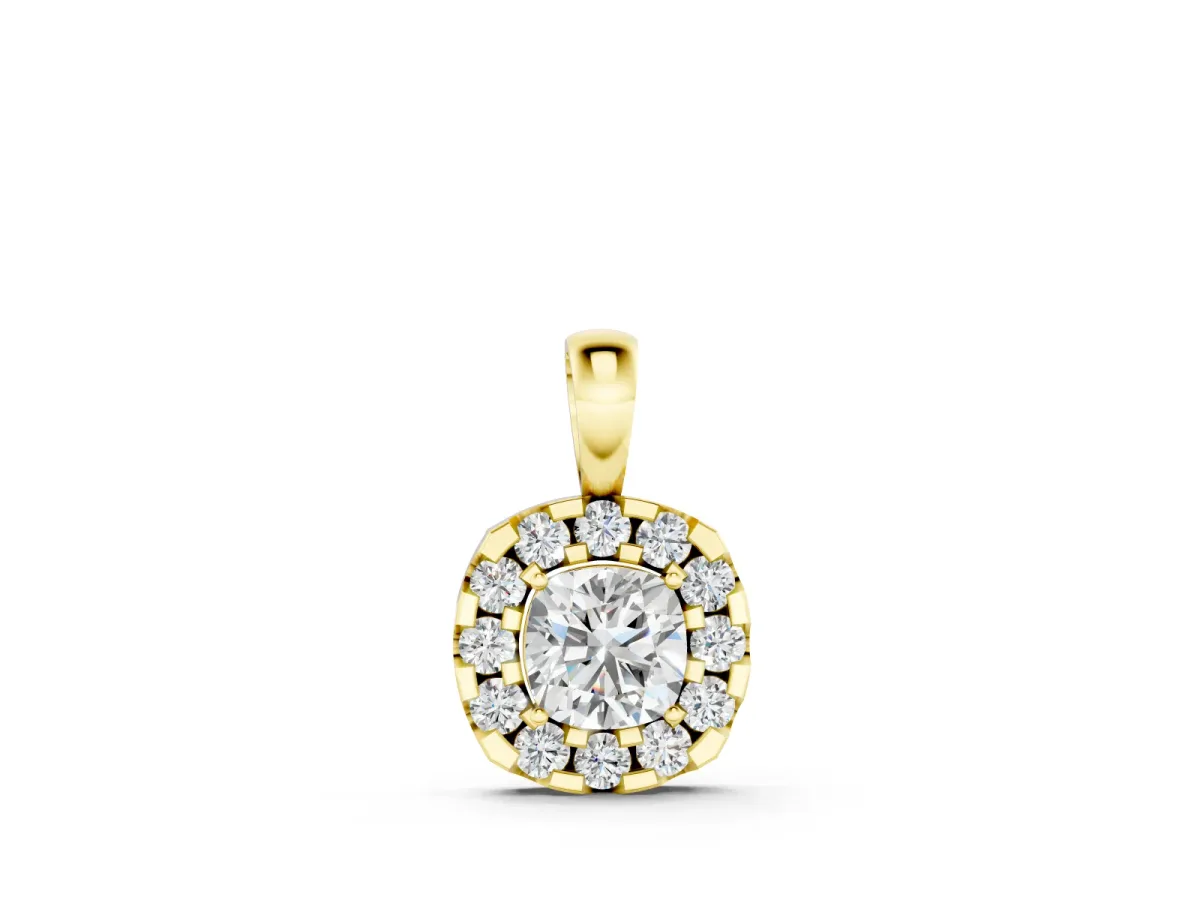 Cushion Halo Diamond Pendant Set in Yellow gold with Four-Prong Cushion Center