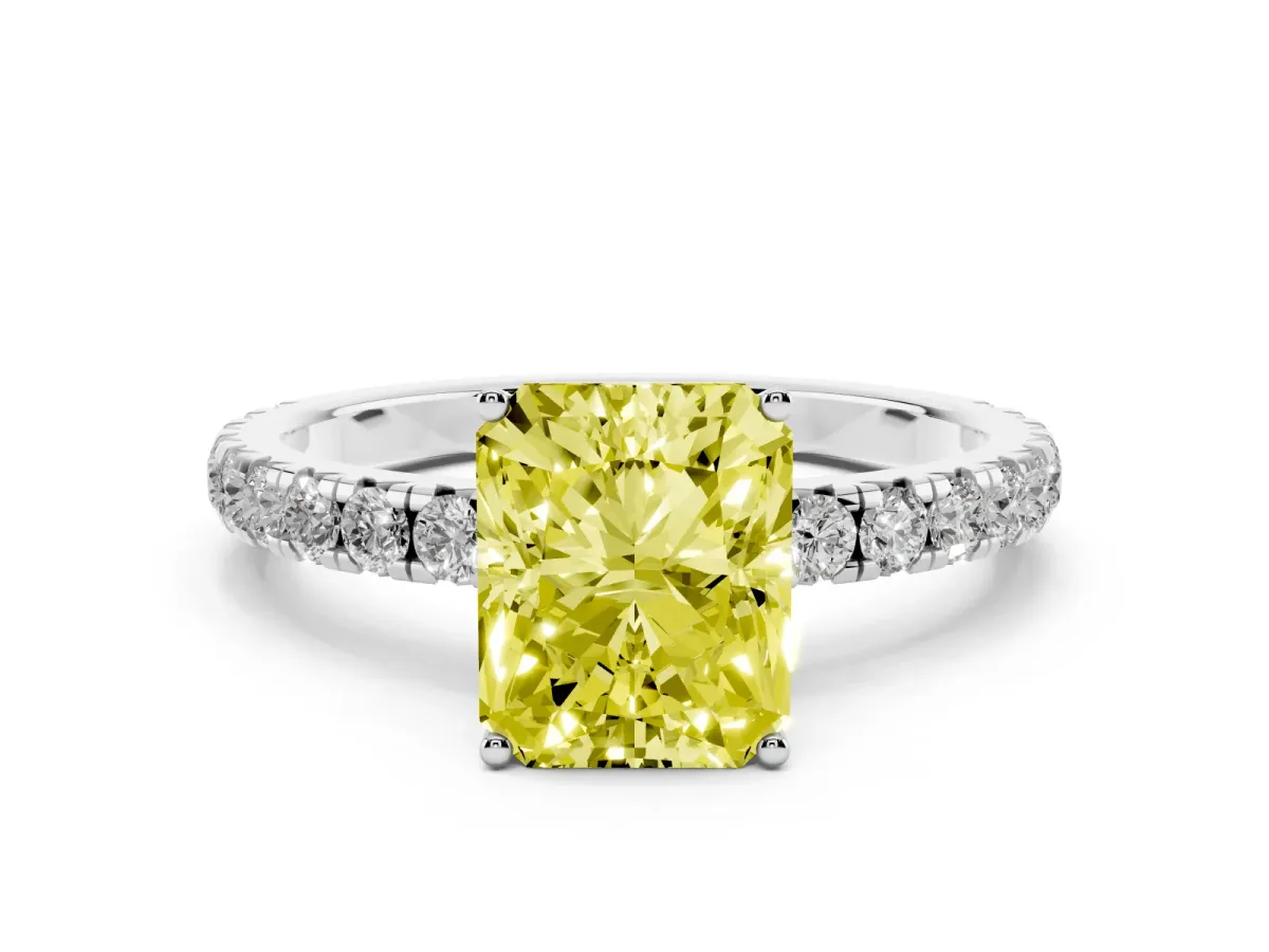Fancy Yellow Radiant Cut Diamond Pavé Solitaire Engagement Ring Set in White gold with Prong Setting