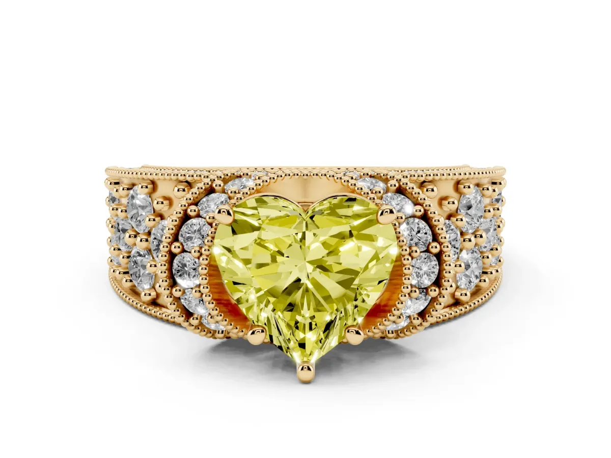 Fancy Yellow Heart Cut Diamond Milgrain Halo Pavé Engagement Ring Set in Yellow gold with Prong Setting