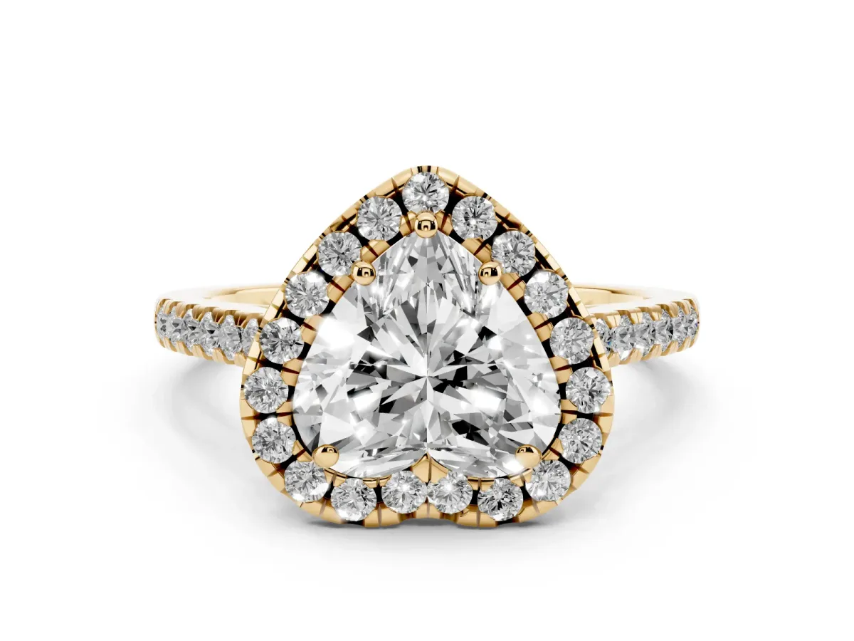 Heart Cut Diamond Pavé Halo Engagement Ring Set in Yellow gold with Pavé Band and Prong Setting