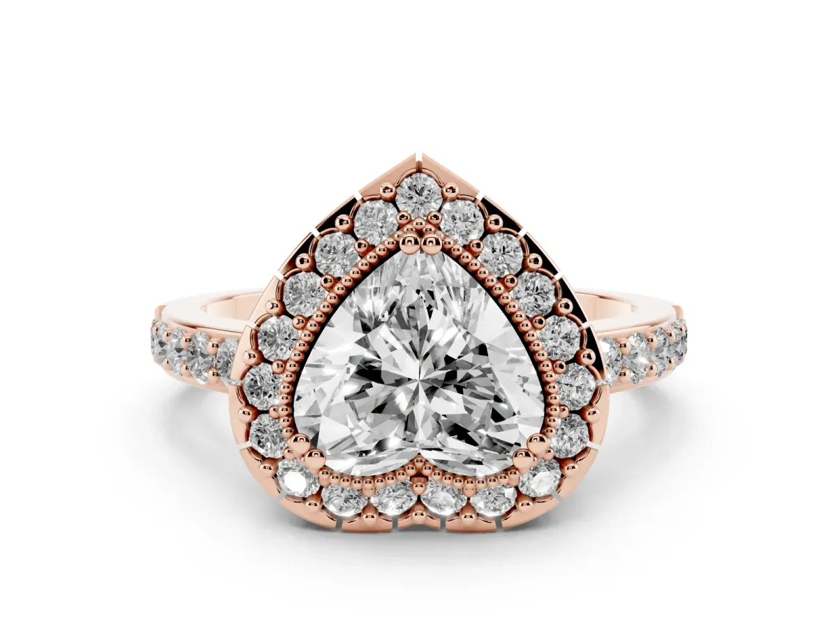 Heart Cut Diamond Halo Ring Set in Rose gold with Pavé Shank and Prong Setting