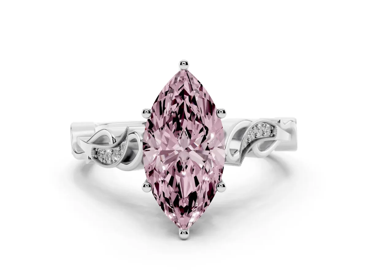 Fancy Pink Marquise Cut Diamond Vine Band Solitaire Ring Set in Platinum with Milgrain Prong Setting