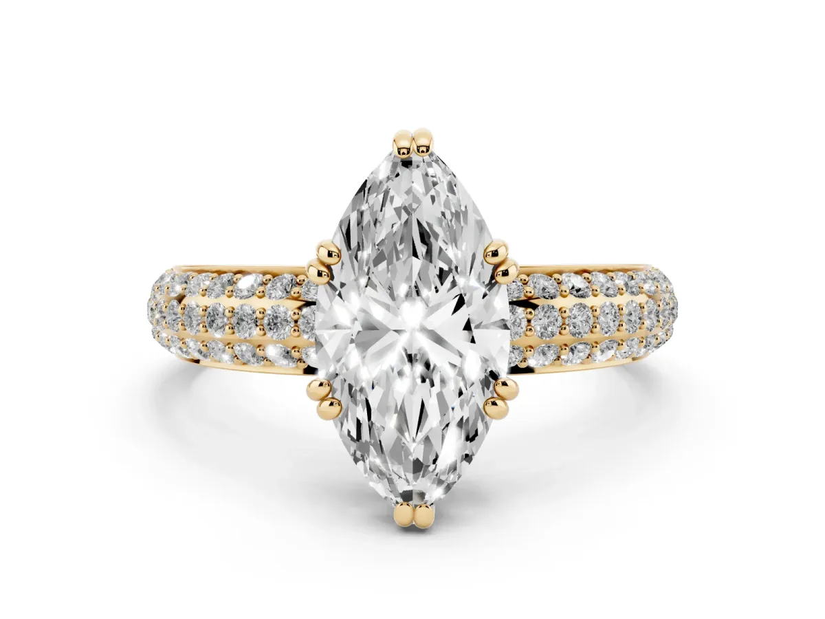 Marquise Cut Diamond Solitaire Ring Set in Yellow gold with Multi-Row Round Pavé Band and Prong Setting