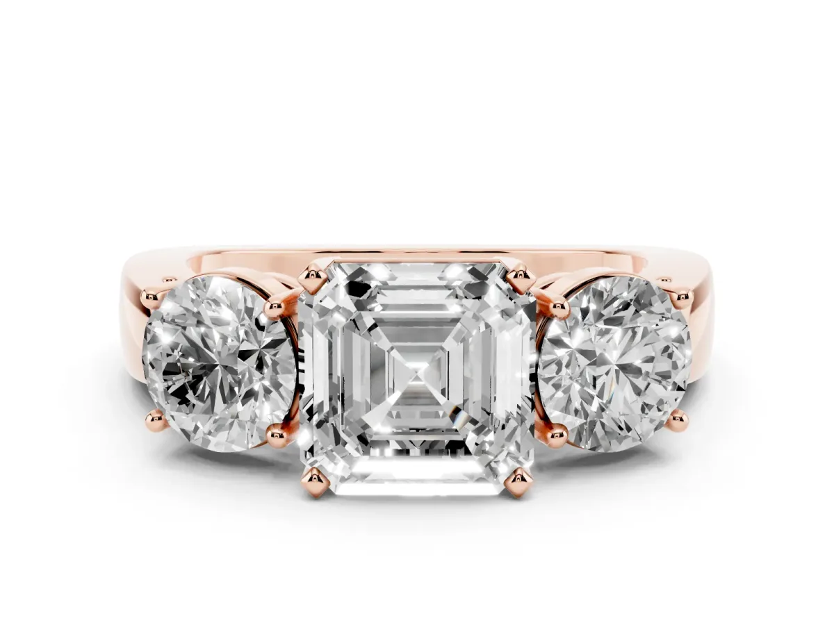 Asscher Cut Diamond Three-Stone Ring Set in Rose gold with Round Side Stones and Classic Band