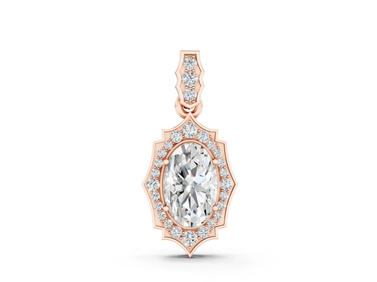 Oval Diamond Halo Pendant Set in Rose gold with Milgrain Prongs