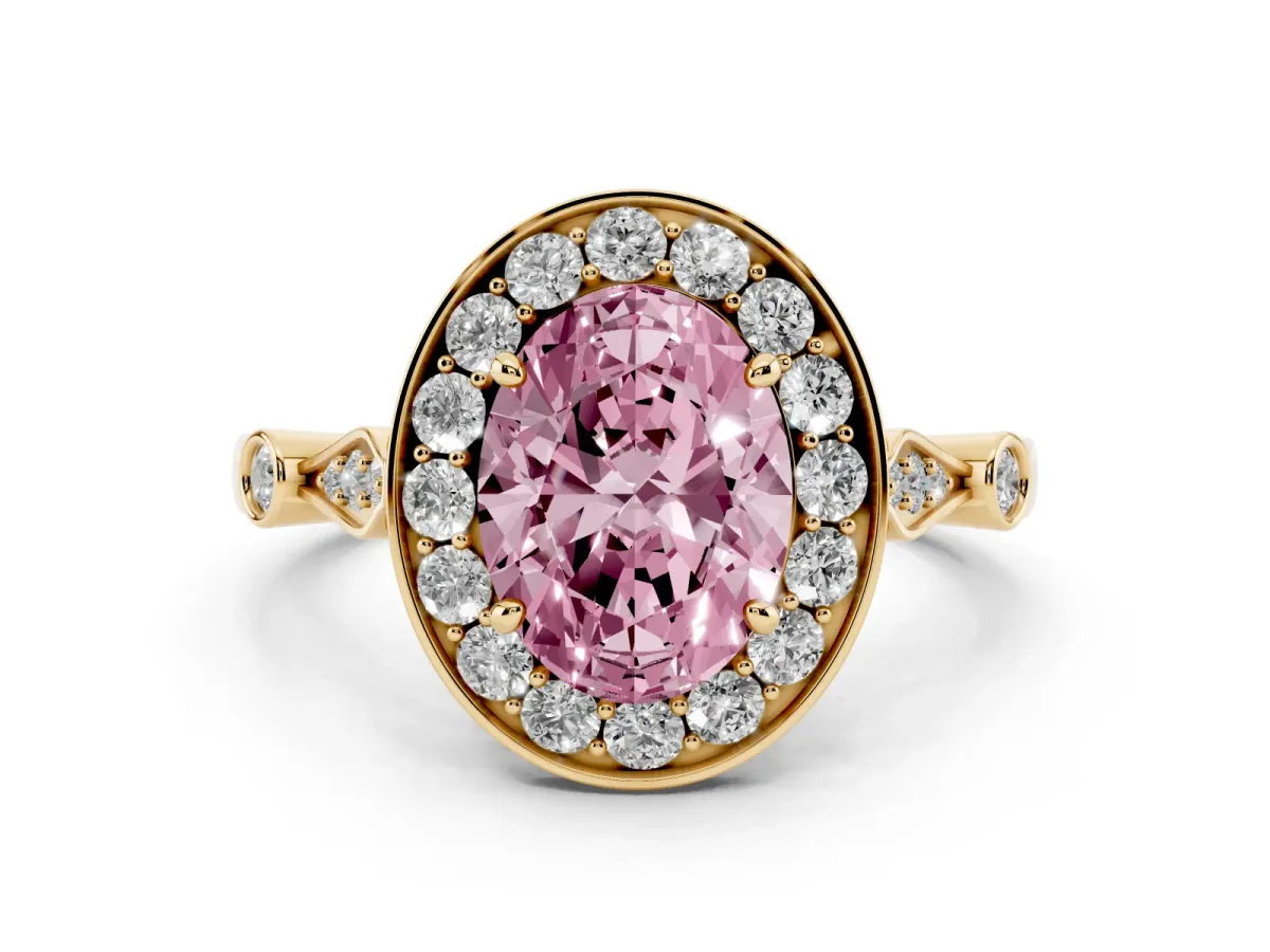 Fancy Pink Oval Cut Diamond Halo Engagement Ring Set in Yellow gold with Twisted Band and Prong Setting