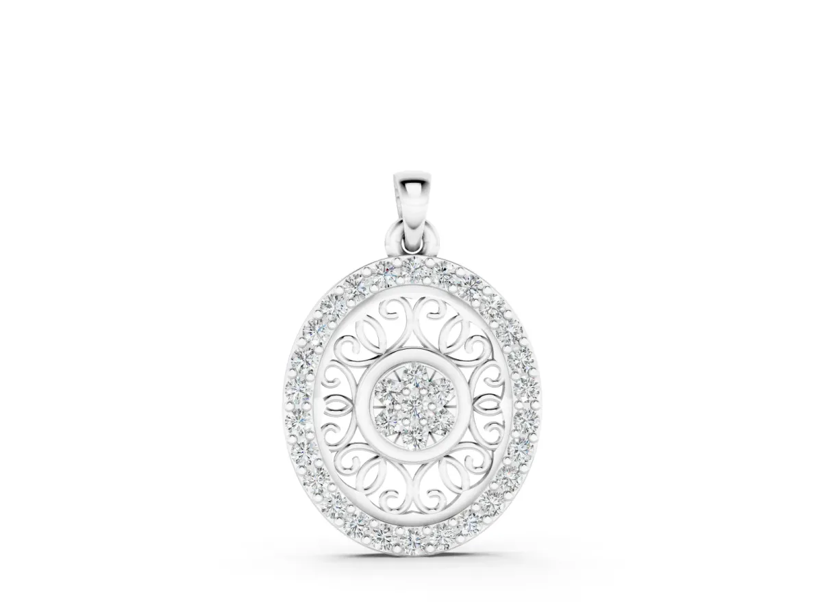 Round Halo Filigree Pendant Set in Silver with Pavé Halo
