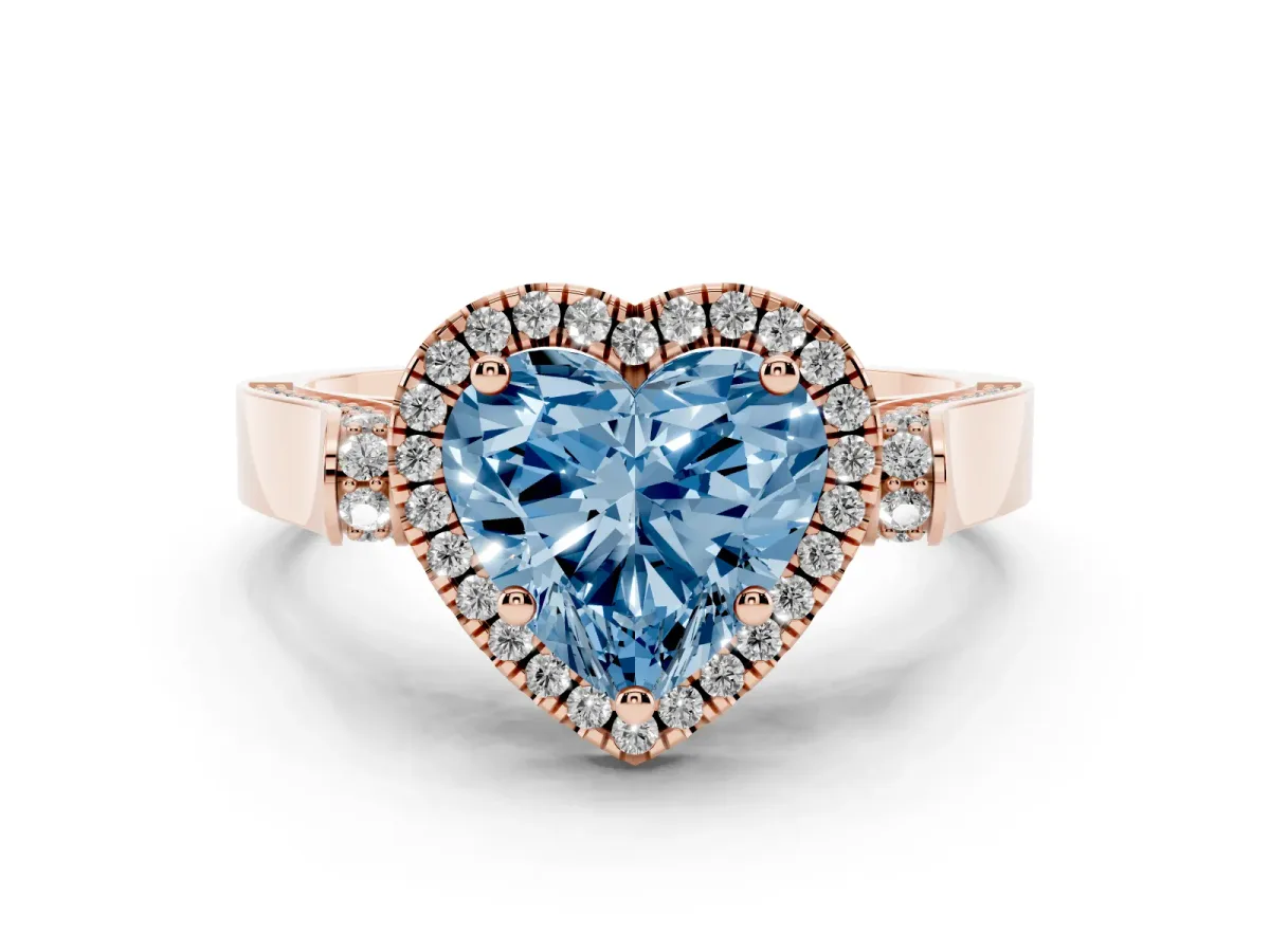 Fancy Blue Heart Cut Diamond Halo Ring Set in Rose gold with Twist Band and Pavé Accents