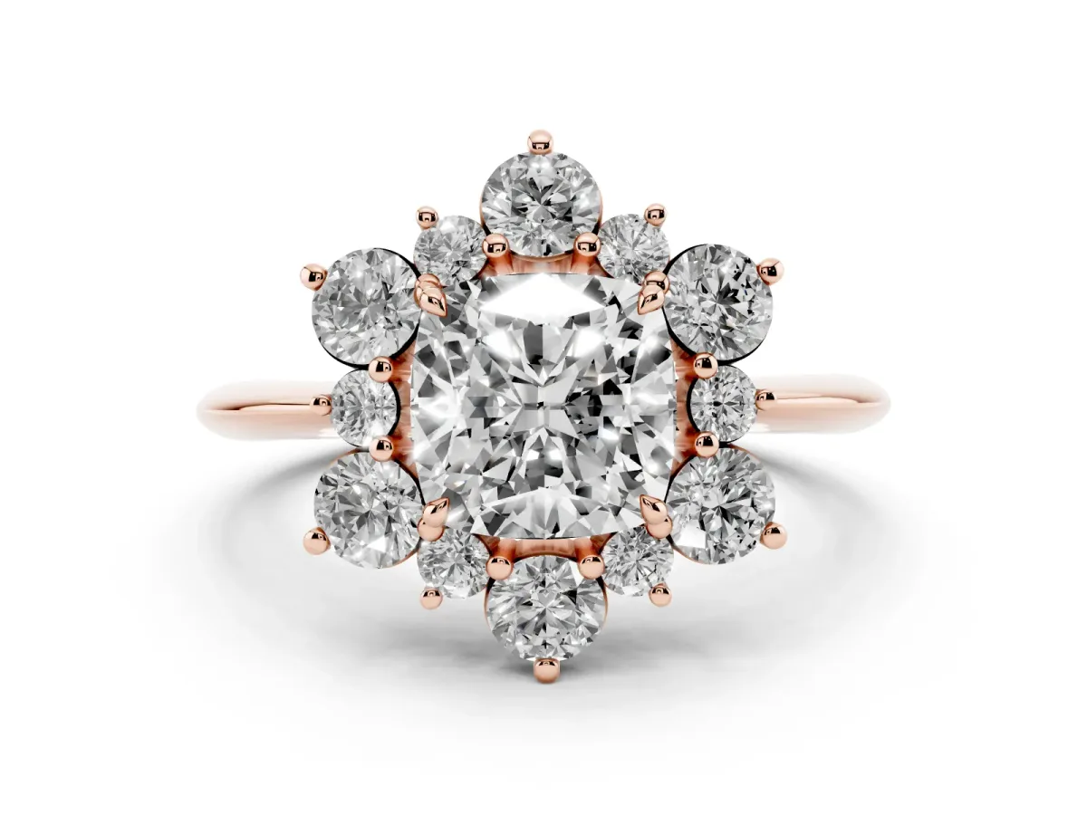 Cushion Cut Diamond Cluster Halo Ring Set in Rose gold with Solitaire Band and Prong Setting