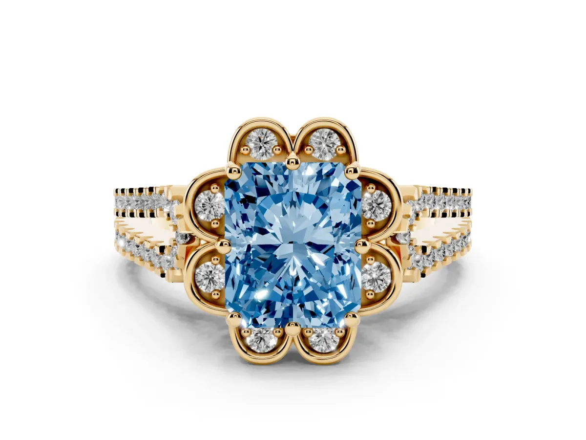 Fancy Blue Radiant Cut Diamond Floral Halo Split Shank Engagement Ring Set in Yellow gold with Pavé Shank