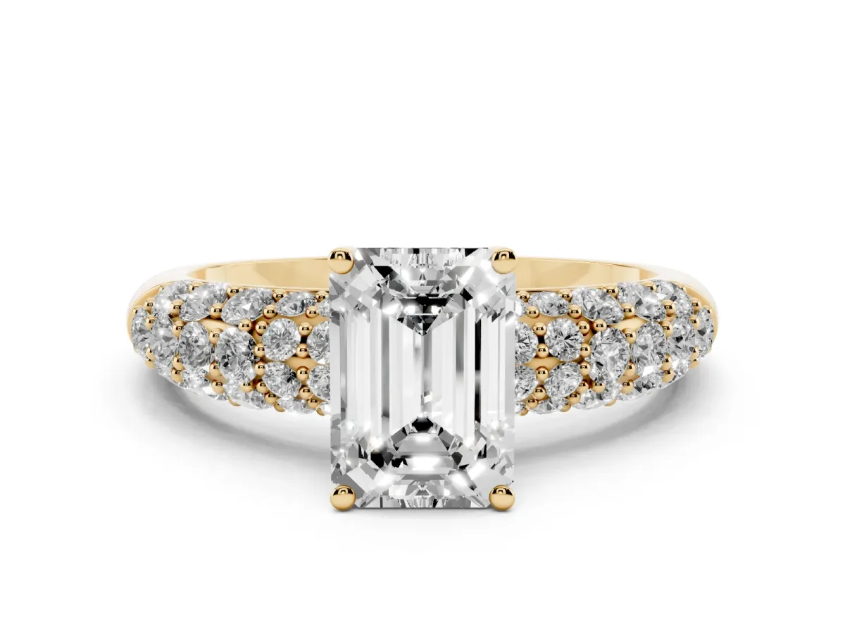 Emerald Cut Diamond Pavé Band Solitaire Ring Set in Yellow gold with Close-Set Accent Stones and Prong Setting