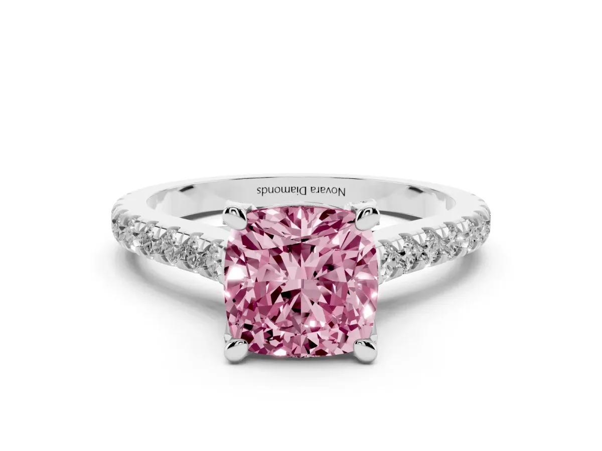 Fancy Pink Cushion Cut Diamond Solitaire Ring Set in White gold with Brilliant Pavé Band and Prong Setting